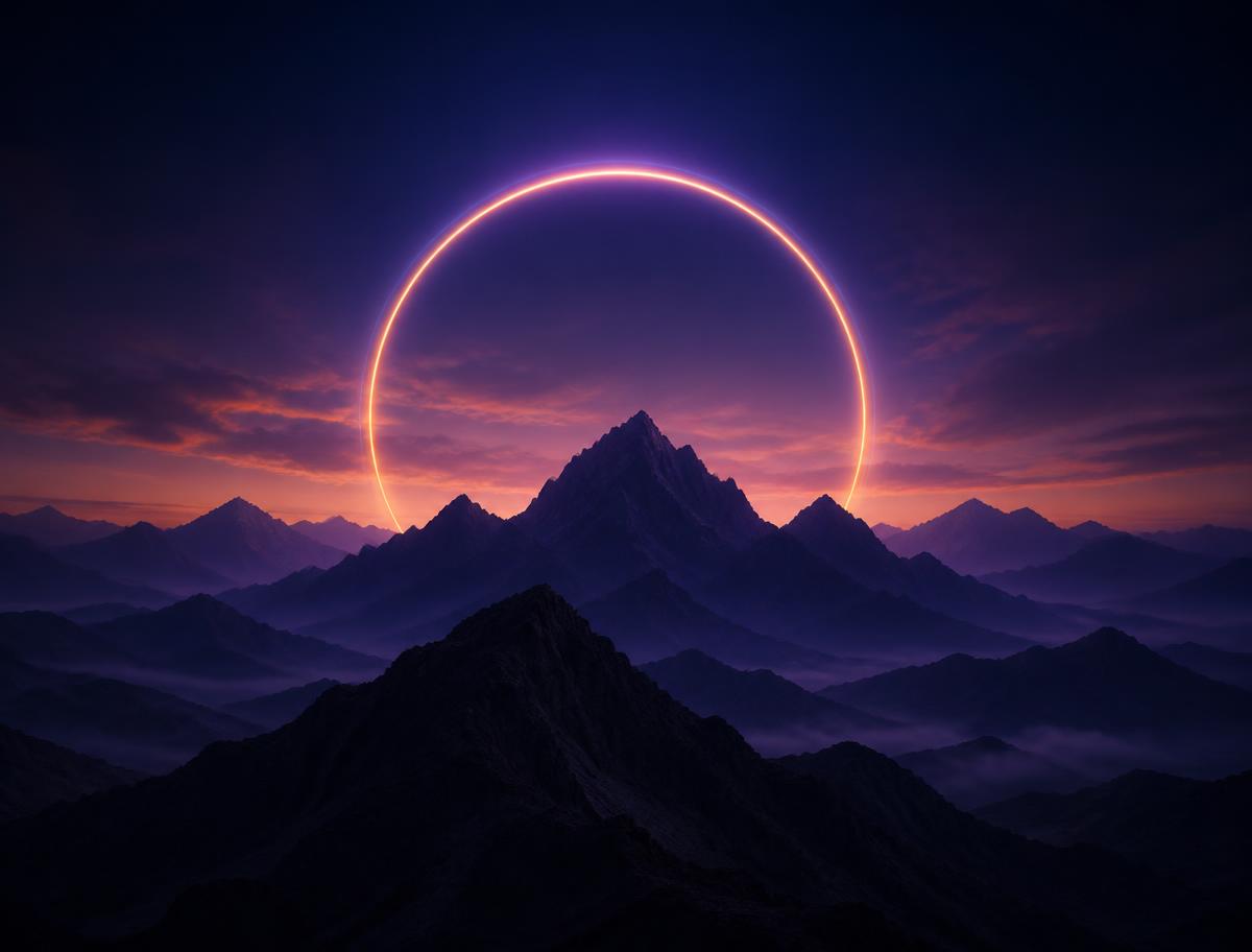 Dusk mountain horizon with a glowing ring of light rising behind the peaks